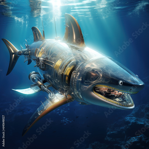 A shark that is a futuristic machine of the future world. Undersea animals. Illustration, Generative AI. © yod67