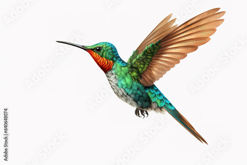 Image of a hummingbird with spread wings in flight on a white background. Wildlife. Bird. Illustration, Generative AI.