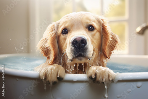 Image of funny picture of a golden retriever dog taking a bath with soap bubbles. Pet. Animal. Illustration, Generative AI.