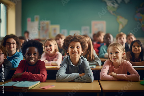 A diverse multicultural group of children learning in a school classroom