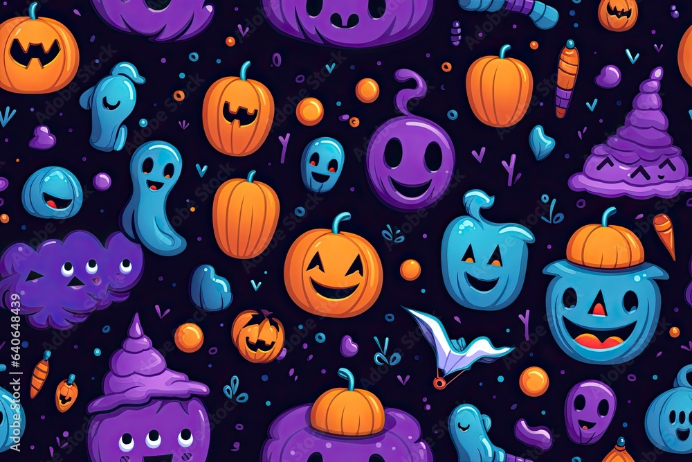 The colorful illustration of Halloween pumpkins and items. Pattern style. Generative Ai. The colorful illustration of Halloween pumpkins and items. Pattern style. Generative Ai.