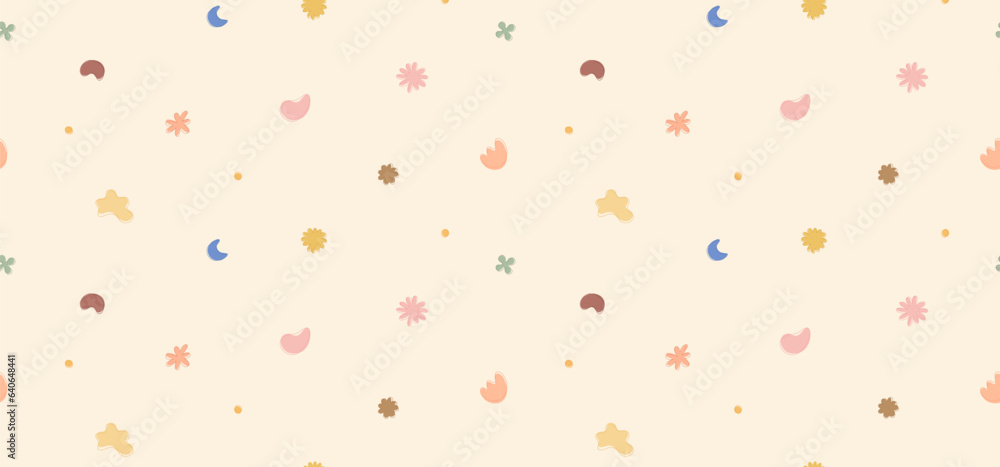 Seamless pastel colored vector pattern of abstract doodle hand drawn organic shapes.