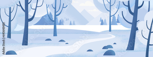 Vector illustration. Winter landscape of forest and mountains with trees and texture