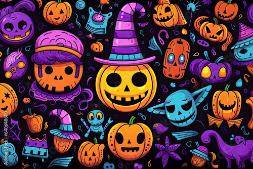 The colorful illustration of Halloween pumpkins and items. Pattern style. Generative Ai.