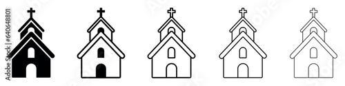 Set of christian church building icons. Christian religion, chapel with cross, church building, church silhouette. Landmark location symbol for map. Vector.
