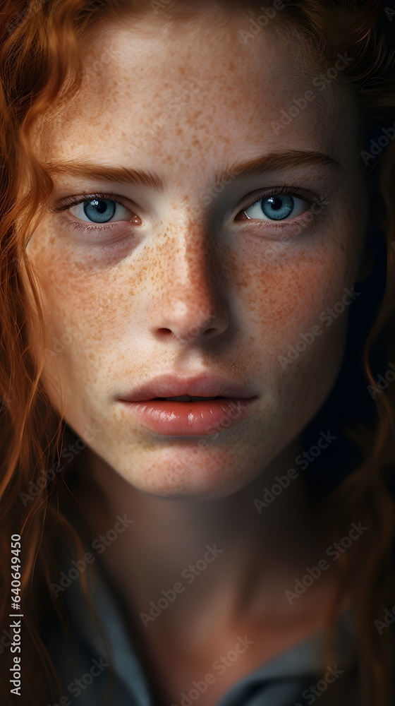 Soul-Stirring Close-Up Portrait of Woman with Sharp Light Blue Eyes, Grinning, Enhanced by Natural Light and Chiaroscuro, Captured on Hasselblad X1D II, Generative AI