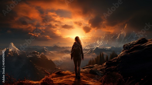 A woman stands on a mountain ledge with her back to the lens against the backdrop of a snowy mountains landscape and sunset. Generative AI.