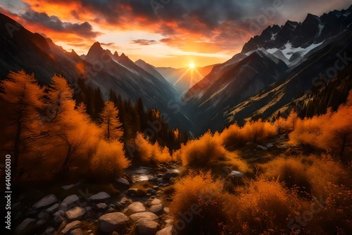a sunset between a mountain valley - AI Generative