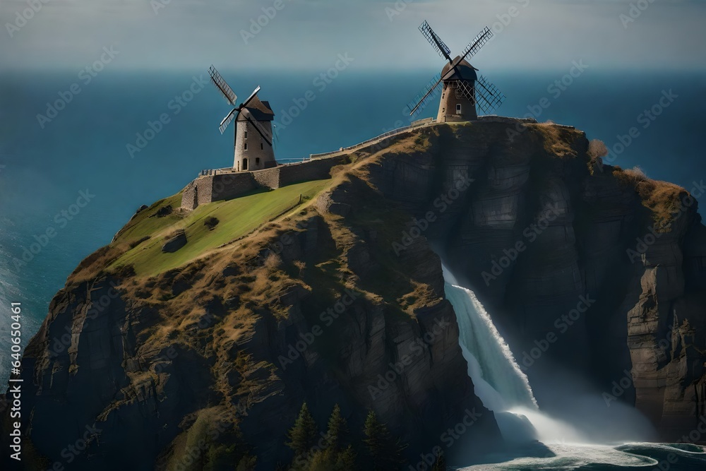 A super detailed windmill on the top of a steep cliff with water cascading from the top - AI Generative