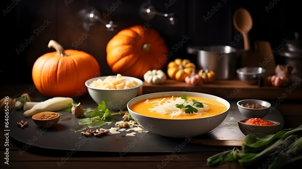dans une cuisine à l'automne une soupe de potimarron et les ingrédients pour la préparer - IA générative