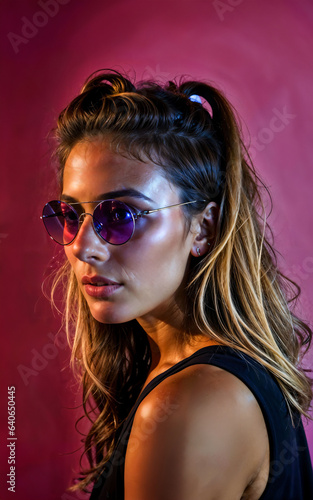 Wallpaper Mural photo of beautiful woman with red and pink lighting and backdrop , generative AI Torontodigital.ca