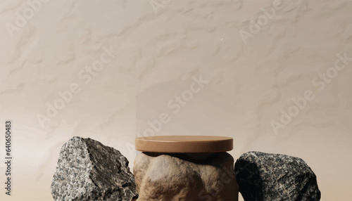 Stone podium rock pedestal stage empty scene luxury product display natural background for product placement 3d, vector