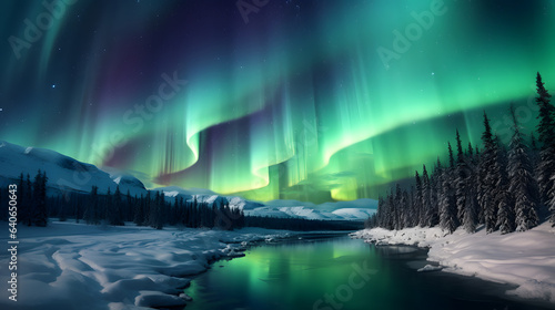 A cold winter's night comes alive with vibrant colors as the Northern Lights dance across the sky. The photography captures the intricate light patterns and the awe-inspiring beauty. © CanvasPixelDreams