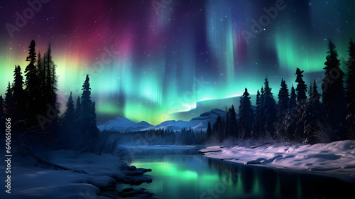 A cold winter's night comes alive with vibrant colors as the Northern Lights dance across the sky. The photography captures the intricate light patterns and the awe-inspiring beauty. © CanvasPixelDreams