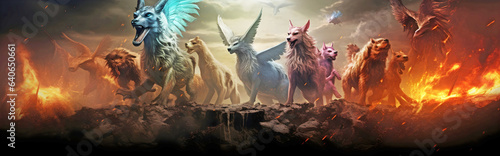 Panorama of scary mythical animals.AI generated.