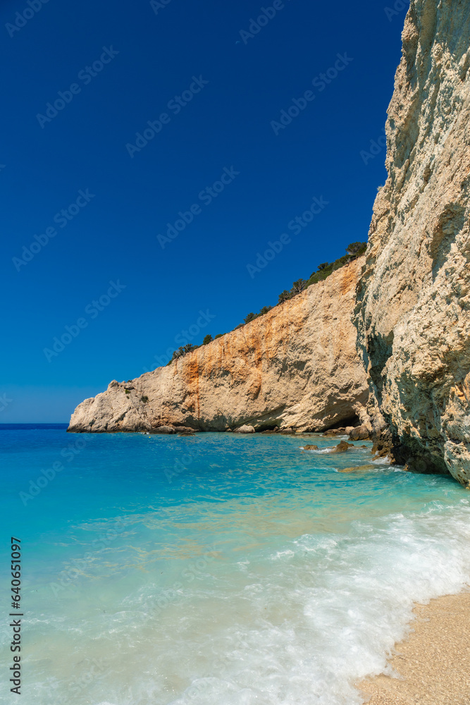 Sides of the cliffs of Porto Katsiki Beach on the island of Lefkada, Greece