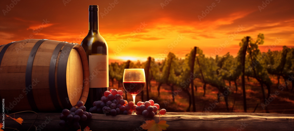 barrel sunset beverage grape drink winery bottle glass alcohol wine. Generative AI.