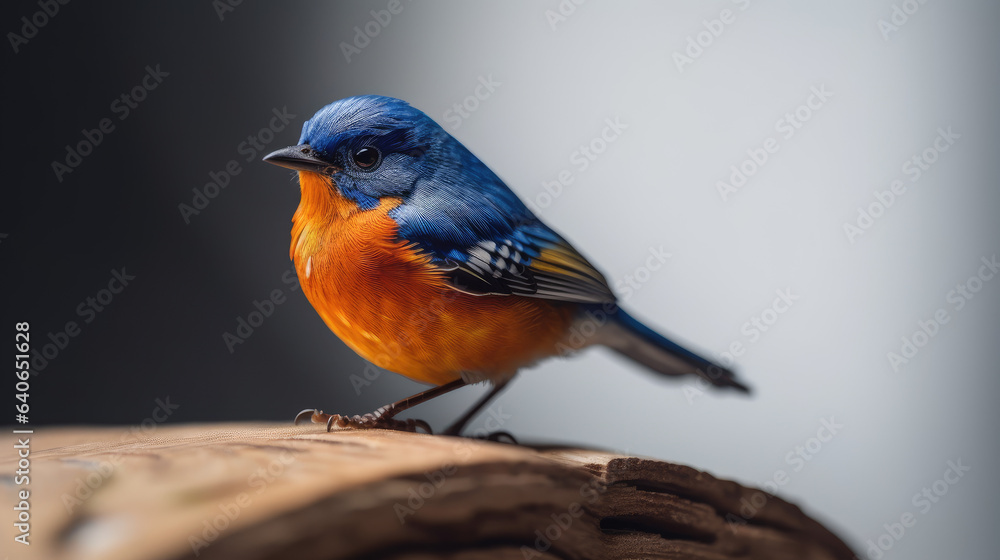 fascinated blue and orange bird perching on thin wood isolated on white background.