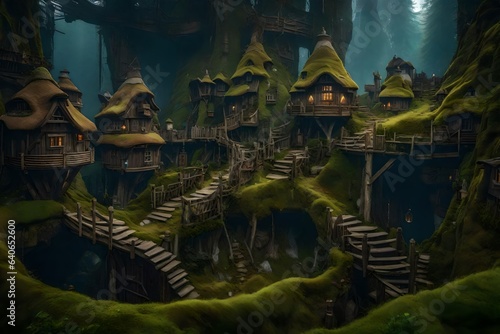 fantasy style, dwarf settlement, but there are no gnomes in the picture, tree houses, trails, moss - AI Generative © Being Imaginative