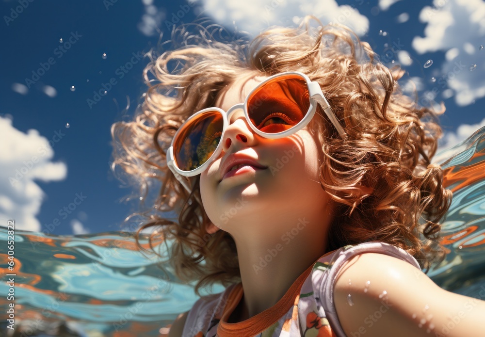 Portrait of happy child playing in pool. Smiling kid in water, playing with ball and splashing