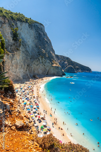 Fototapeta Naklejka Na Ścianę i Meble -  Panoramic view from above of Porto Katsiki beach on Lefkada island in summer, Greece