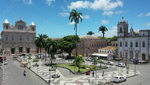 Fantastic aerial view of Pelourinho and Salvador old district with colorful historical houses and colonial churches. Salvador, Bahia, Brazil
