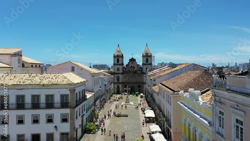 Fantastic aerial view of Pelourinho and Salvador old district with colorful historical houses and colonial churches. Salvador, Bahia, Brazil