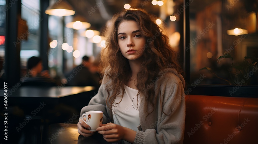 Portrait of a beautiful woman in a cafe.