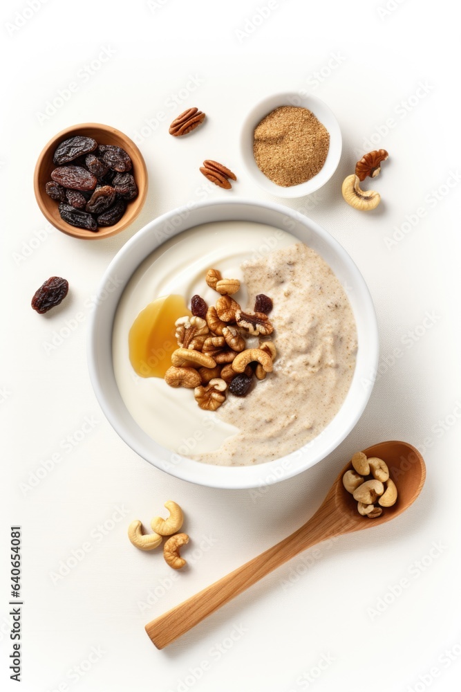 porridge bowl with a spoon in it, topped with different seasonings in powder form, cashews, little cacao chunks and honey porridge bowl with a spoon in it, topped with different seasonings in powder form, cashews, little cacao chunks and honey