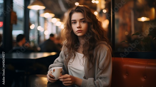 Portrait of a beautiful woman in a cafe.