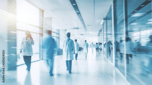 Doctor and nurse people in hospital interior or clinic corridor for background, abstract blurred image, laboratory, science experiment, health care and medical technology concept, Generative AI