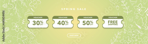 Spring Sale Coupon Giveaway Template Layout design. 30% to 50% discount and free shipping. Sspring colors and framed with white hand drawn spring elements, leaves, flowers, petals, branch. Vector. 
