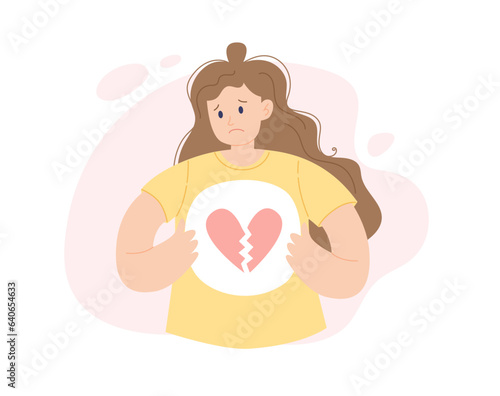 Broken heart person. A sad woman with a broken heart in her chest, flat cartoon vector illustration.