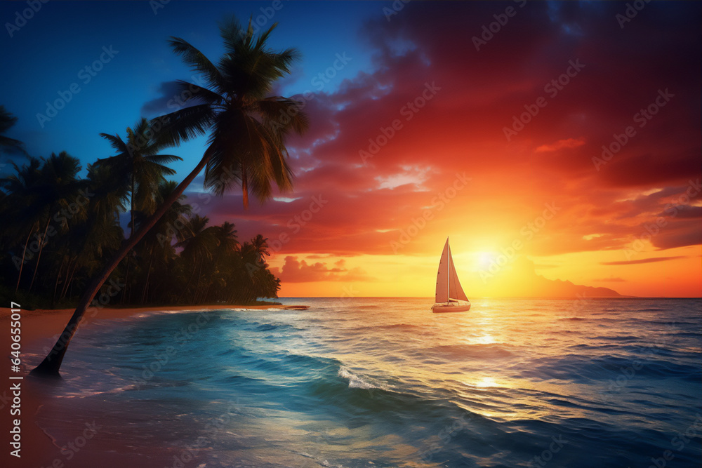 beautiful sunset in the beach with palm trees, blue ocean wave, beautiful dreammy light and shadows, hyper realistic photo, sailing boat from far away, giant sun,