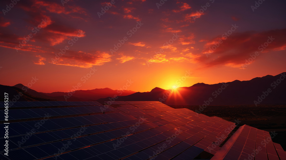 A solitary solar panel stands tall against the backdrop of a breathtaking sunset