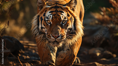 Great tiger male in the nature habitat. Tiger walk during the golden light time. Wildlife scene with danger animal.