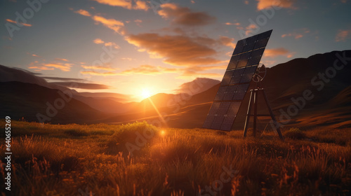 A solitary solar panel stands tall against the backdrop of a breathtaking sunset