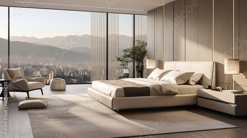 Stylish modern bedroom interior design, wooden interior with bed and panoramic city view, Generative AI © Liliia