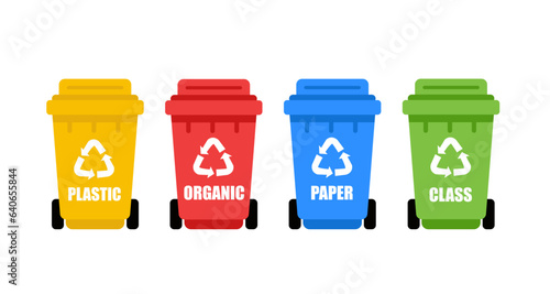 Garbage cans for organic, paper, plastic, glass waste on white background. Colorful recycle plastic bins. Different colored recycle waste bins. 