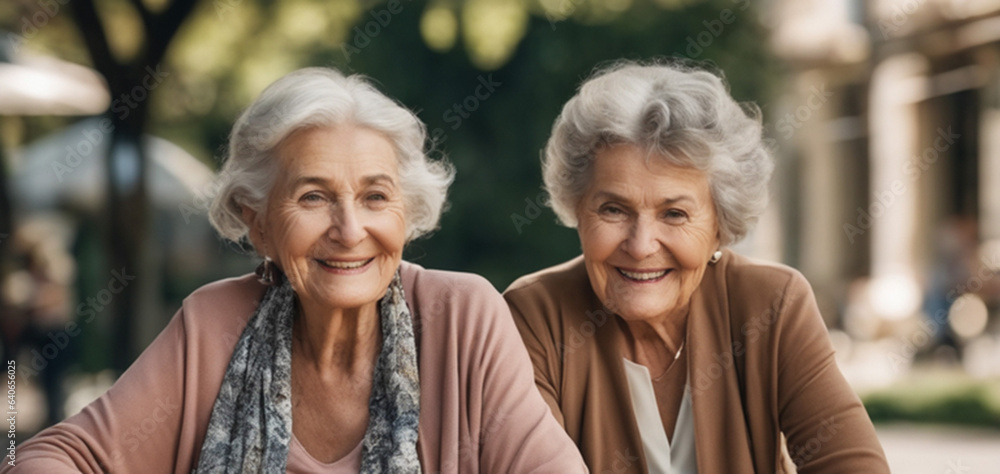 Portrait of two retired women sitting in the park, looking at the camera. Women are relaxing, chatting with each other. Portrait of two retired women sitting in the park, looking at the camera. Women are relaxing, chatting with each other.