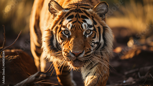 Great tiger male in the nature habitat. Tiger walk during the golden light time. Wildlife scene with danger animal.