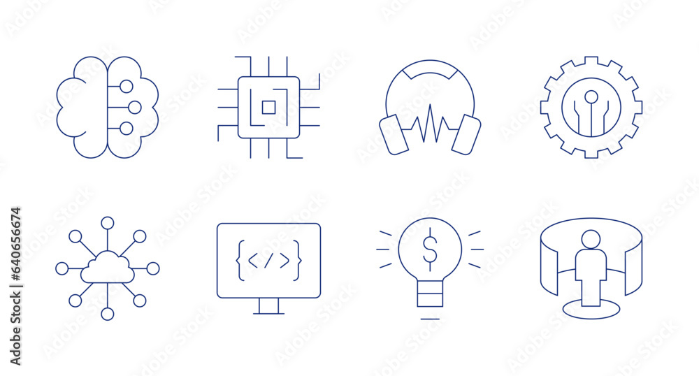 Technology icons. editable stroke. Containing brain, cloud, headphones, light bulb, technology, vr platform, chip, coding.