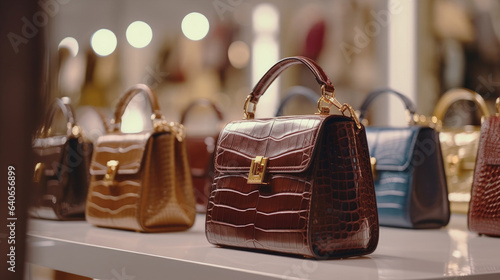 Close-up of Luxury handbags in a fashion shop