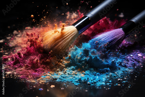 Makeup brushes with loose powder, blush and eye shadow. colorful dust and splash on black background.