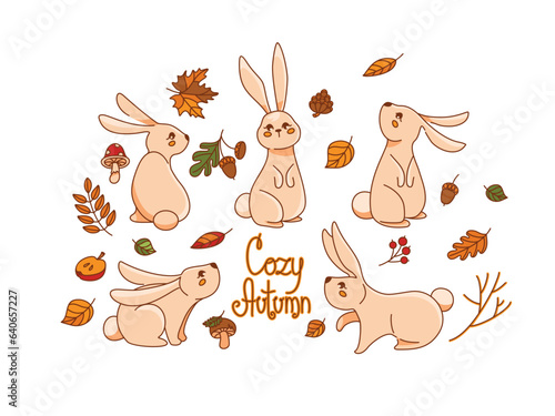 Cute bunny in the autumn forest. Set of stickers. Vector.