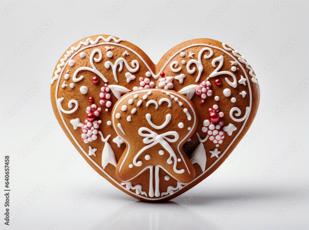 Sweet delicious baked ginger Christmas cookies in the shape of a heart, with a white glazed decorative ornament, on a white background Sweet delicious baked ginger Christmas cookies in the shape of a heart, with a white glazed decorative ornament, on a white background