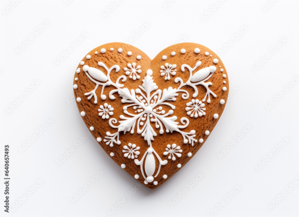 Sweet delicious baked ginger Christmas cookies in the shape of a heart, with a white glazed decorative ornament, on a white background Sweet delicious baked ginger Christmas cookies in the shape of a heart, with a white glazed decorative ornament, on a white background