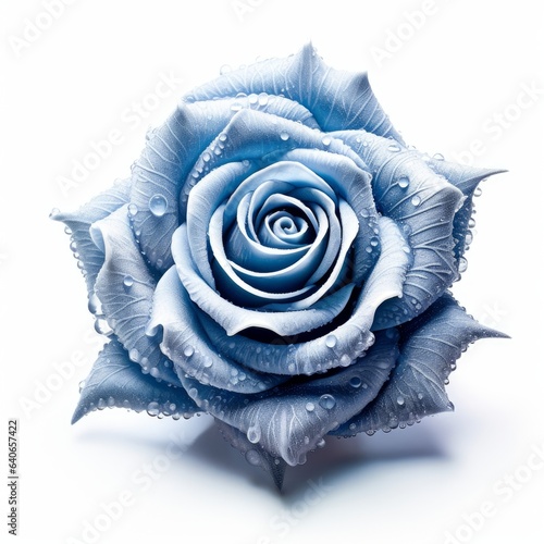 A frozen blue rose covered in hoarfrost. Isolated on white background. Generative AI.