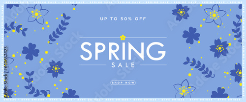 Trendy and Floral Spring Sale Design Poster in blue and yellow color palette. Blue floral patterns with spring sale tag frame and shop now cta button. Editable Vector Illustration. EPS 10.
