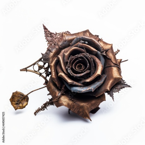 A beautiful copper metal rose. Steampunk style. Isolated on white background. Generative AI.